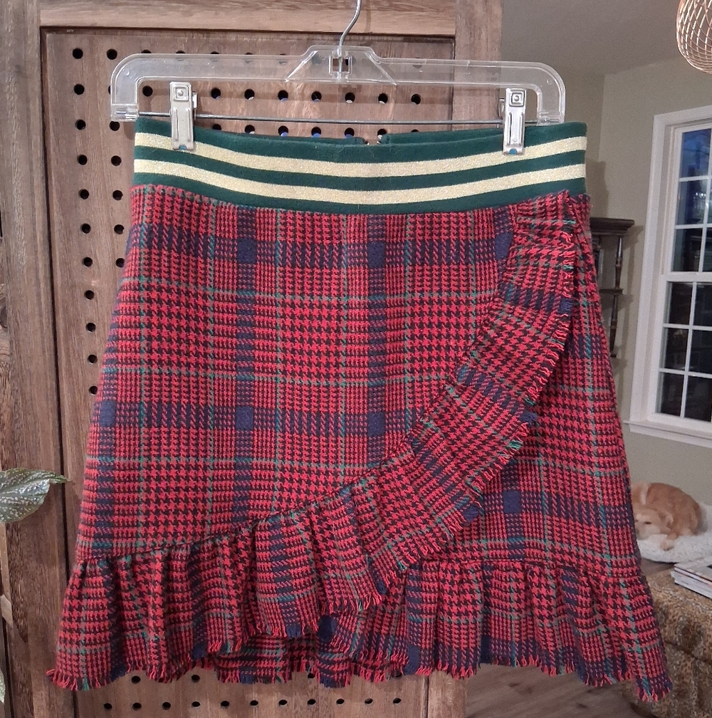 NWT J.O.A. Red Tartan Banded Ruffle Skirt